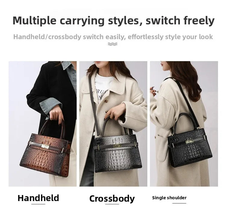 A set of elegant PU leather handbags shown in handheld, crossbody, and single shoulder styles.