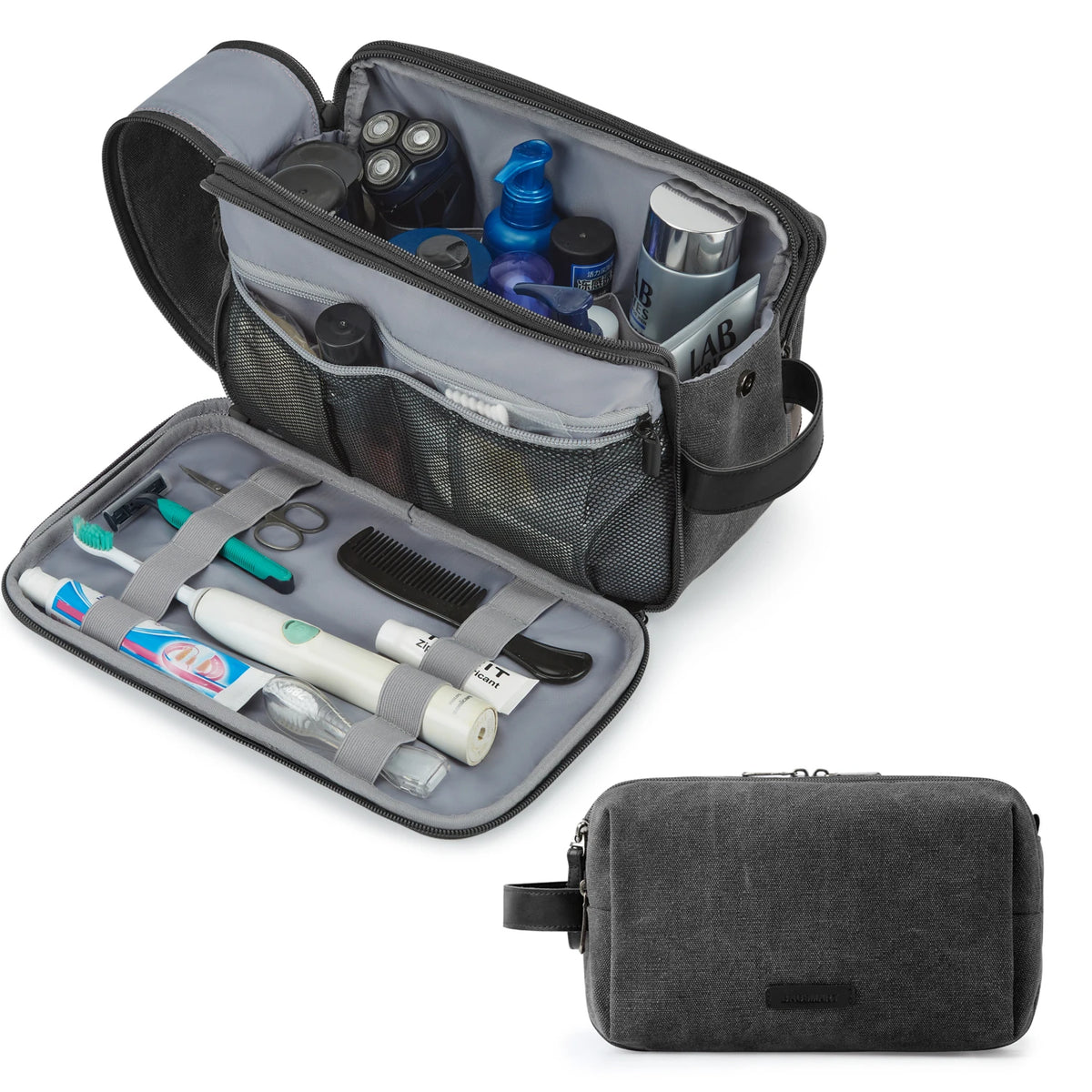 A large capacity multifunction cosmetic toiletry bag shown open with various grooming tools and bottles inside.