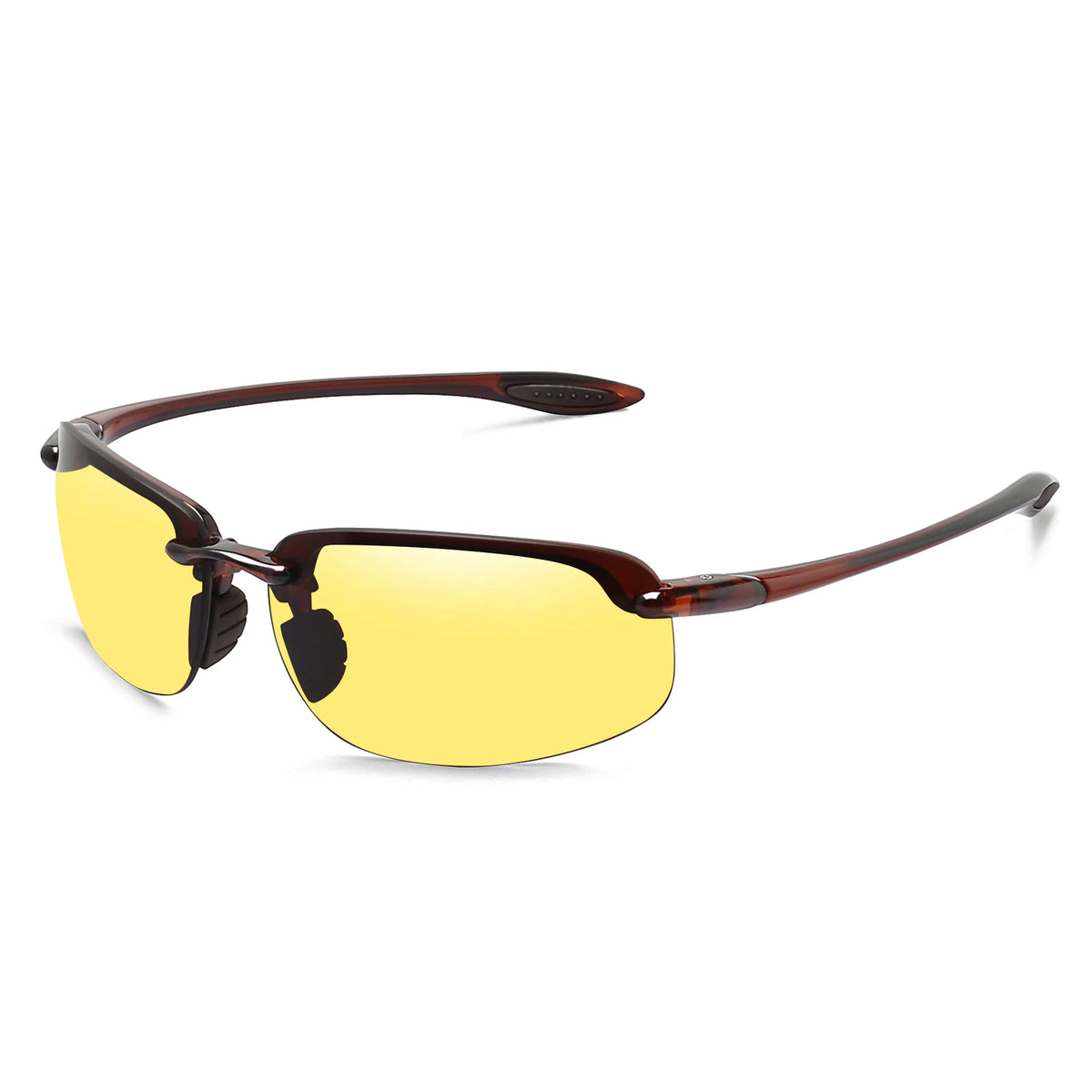 Rimless polarized sports sunglasses with amber lenses and dark brown frames