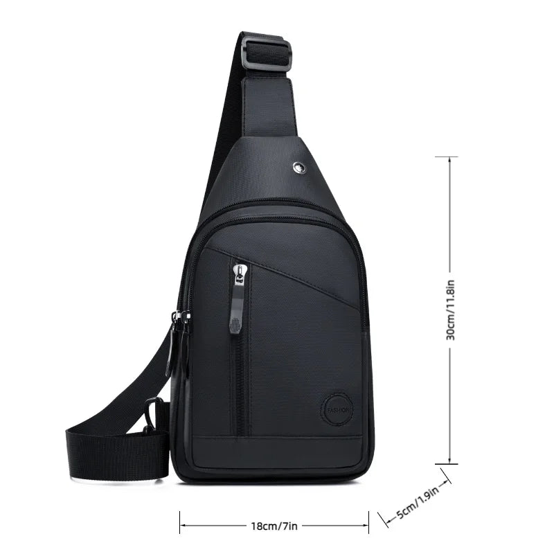 Black men's adjustable crossbody sling bag shown from the back with strap and dimensions.
