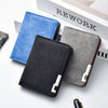Three retro PU leather men's wallets in blue, black, and gray displayed on a white background.