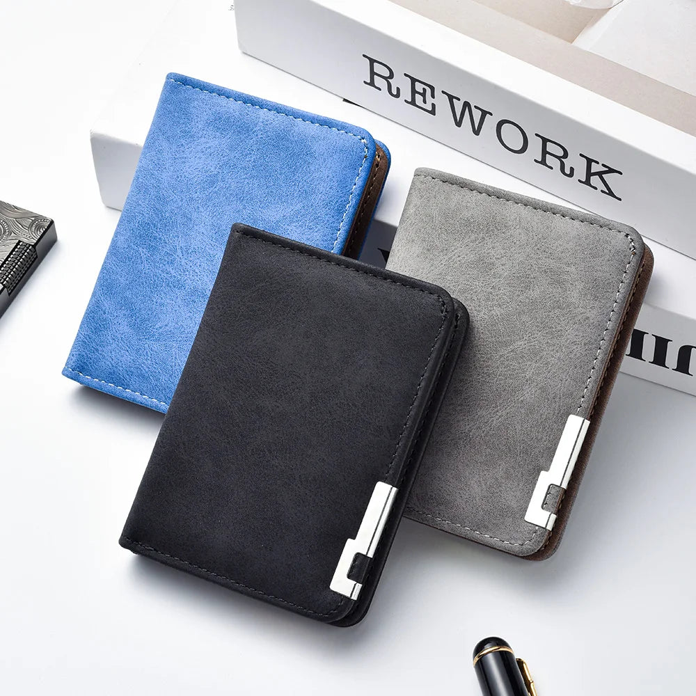 Three retro PU leather men's wallets in blue, black, and gray displayed on a white background.