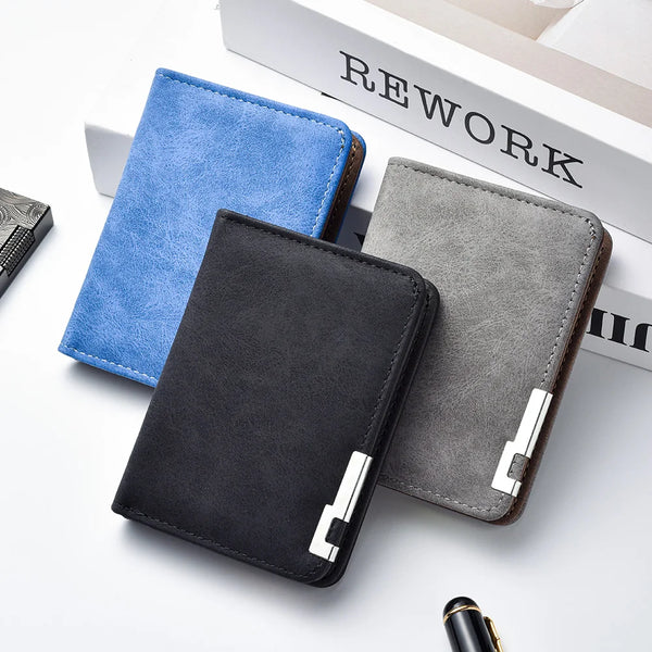 Three retro PU leather men's wallets in blue, black, and gray displayed on a white background.