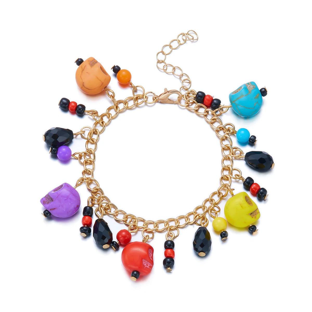 A gold chain bracelet featuring various colored gemstone charms including orange, black, purple, and blue stones.