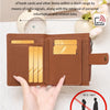 A brown RFID anti-skimming wallet with a coin pouch is shown being held by a hand.