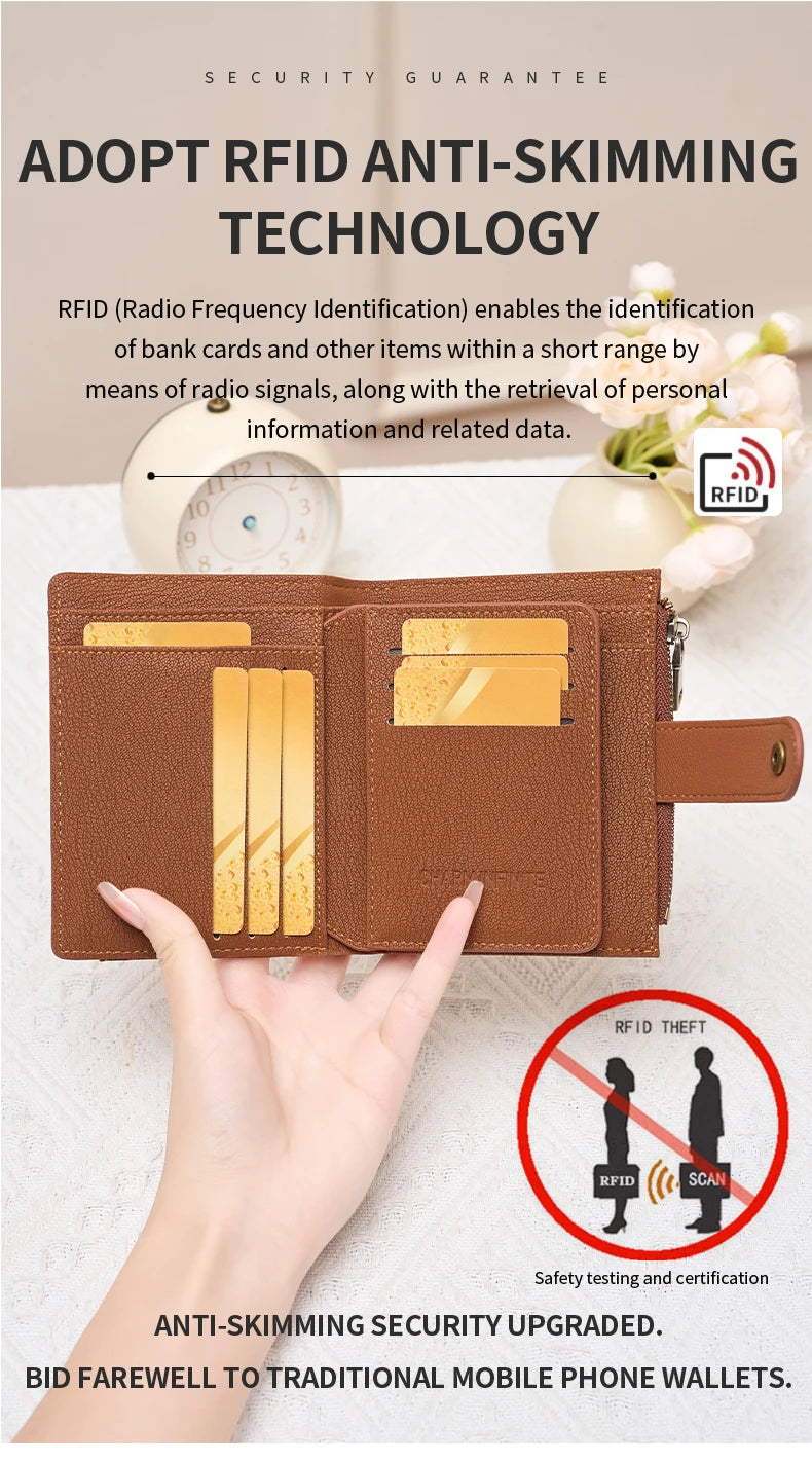 A brown RFID anti-skimming wallet with a coin pouch is shown being held by a hand.