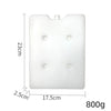 A white reusable ice pack with a rectangular shape and small protrusions, measuring 23cm by 17.5cm and weighing 800g.