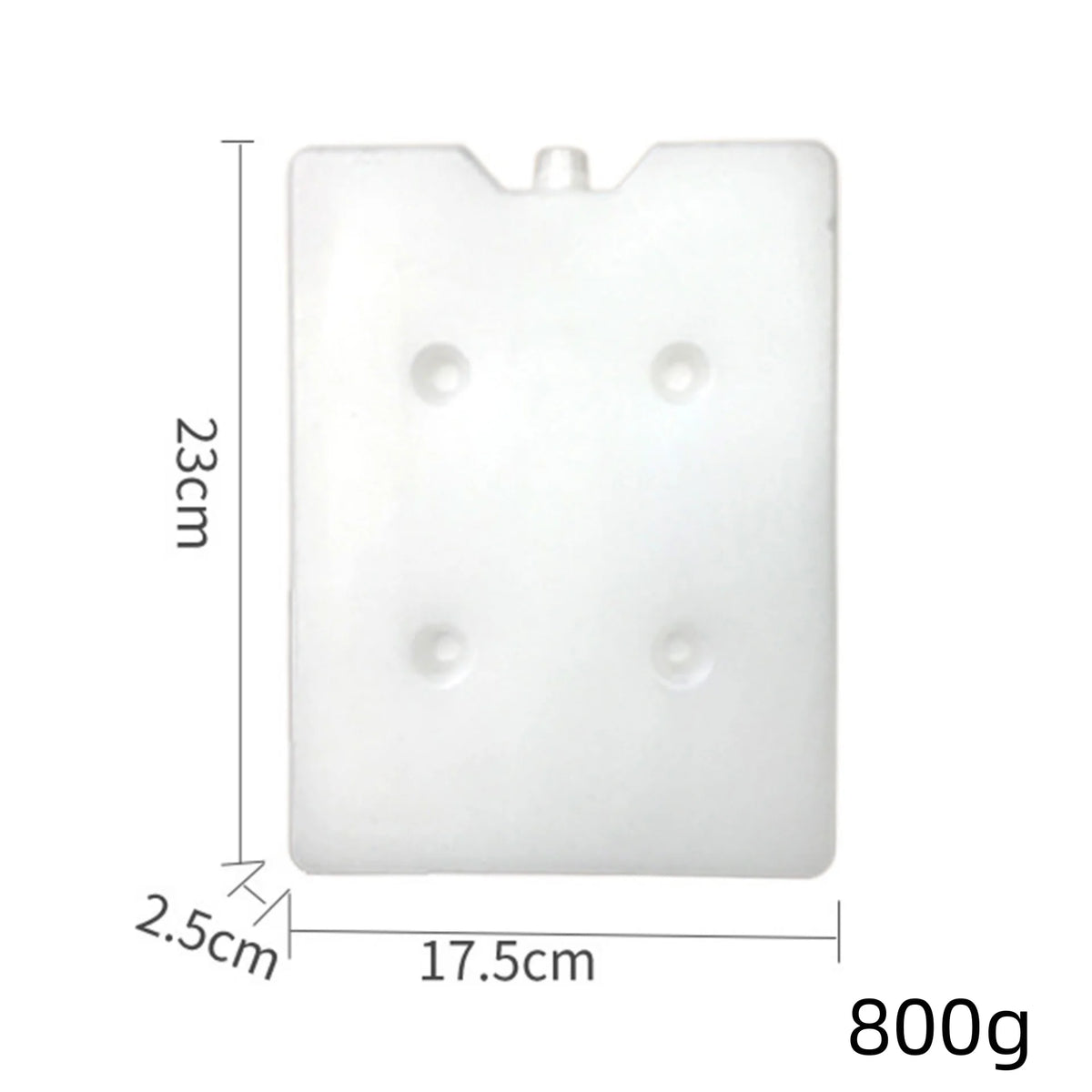 A white reusable ice pack with a rectangular shape and small protrusions, measuring 23cm by 17.5cm and weighing 800g.