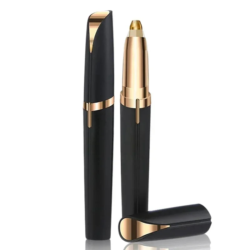 A black and gold precision electric eyebrow trimmer with a metallic tip is shown against a white background.