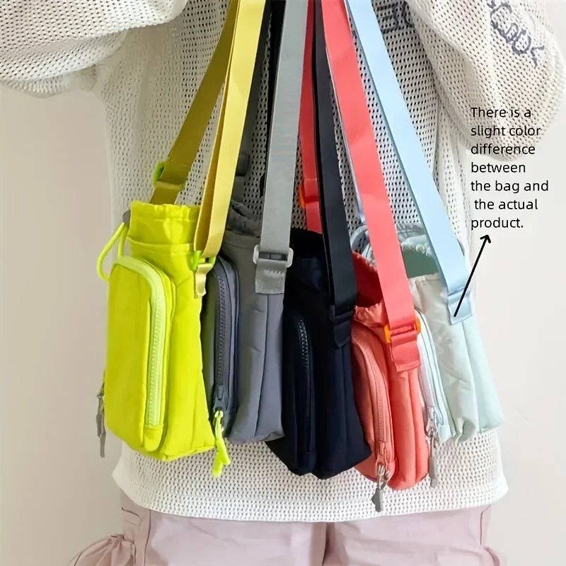 A collection of adjustable water bottle carrier bags in various colors, including yellow, gray, navy, and pink, worn on a whi