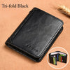 A black tri-fold leather wallet is shown lying on a brown surface with a close-up view of the interior.