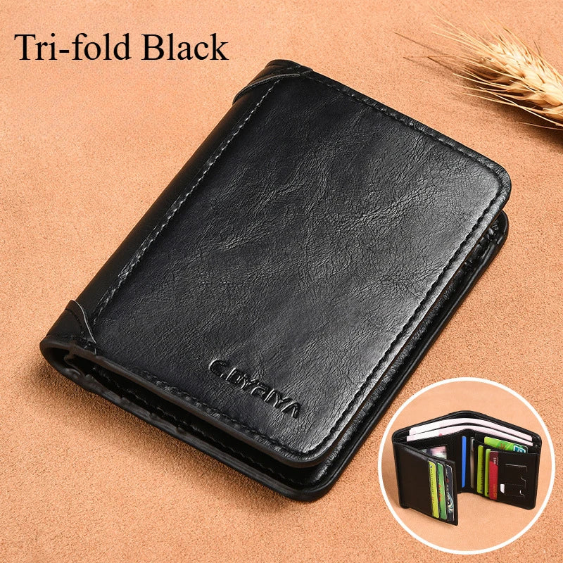 A black tri-fold leather wallet is shown lying on a brown surface with a close-up view of the interior.