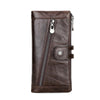A dark brown genuine leather vintage clutch wallet with a zippered closure and flap.