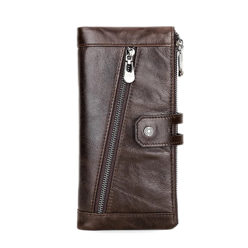 A dark brown genuine leather vintage clutch wallet with a zippered closure and flap.