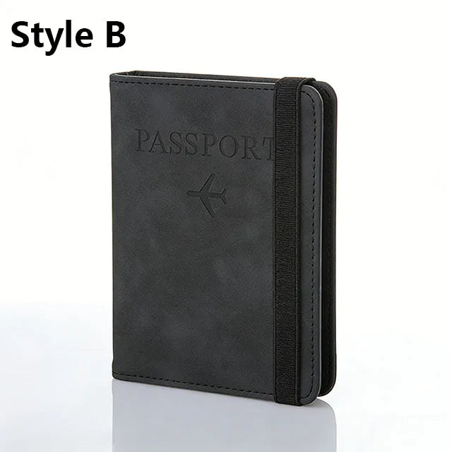 A black passport holder with a leather-like finish and a zipper closure is shown.