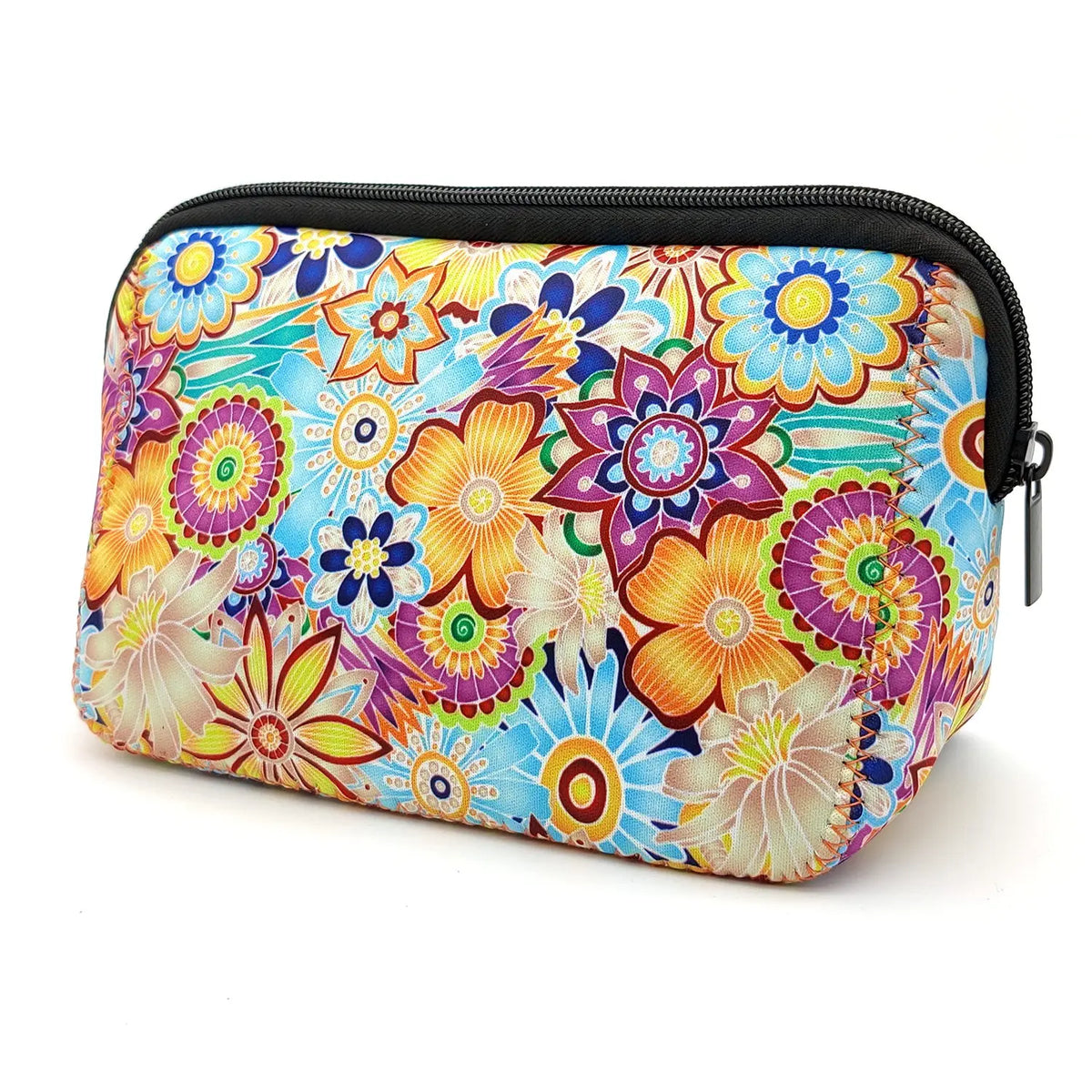A portable neoprene cosmetic organizer bag featuring a vibrant floral pattern in blues, oranges, and purples.