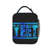 A black lunch bag featuring the word YEEET printed in bright blue tribal patterns.