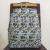 A patterned backpack featuring a camouflage design of brown and blue animal prints.