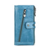 A blue leather vintage clutch wallet with a zippered closure and flap pocket.