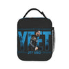 Black lunch bag featuring a vintage print of a man wearing sunglasses and palm leaves.