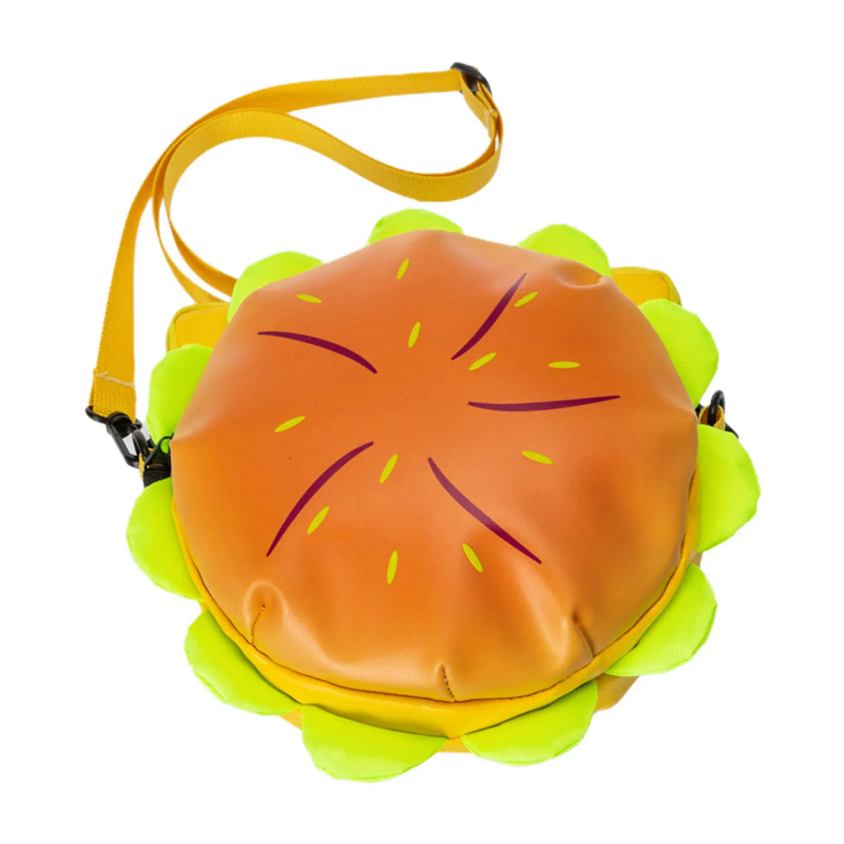 An orange cheeseburger shaped novelty backpack with a yellow strap and green accents.