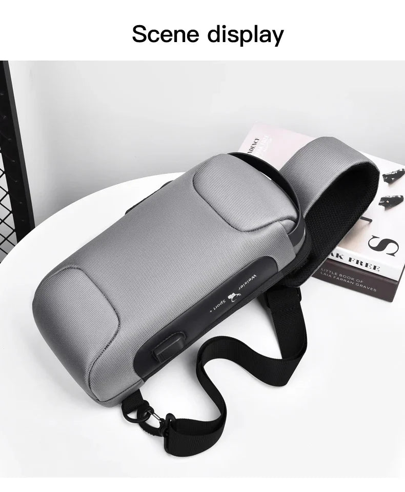 Graue Designer Anti-Diebstahl-Crossbody-Slingbag auf weißem Untergrund
