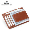 A brown leather wallet protecting credit cards and cash, designed to block RFID signals.