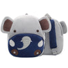 A gray cartoon elephant plush backpack with brown ears and blue accents.