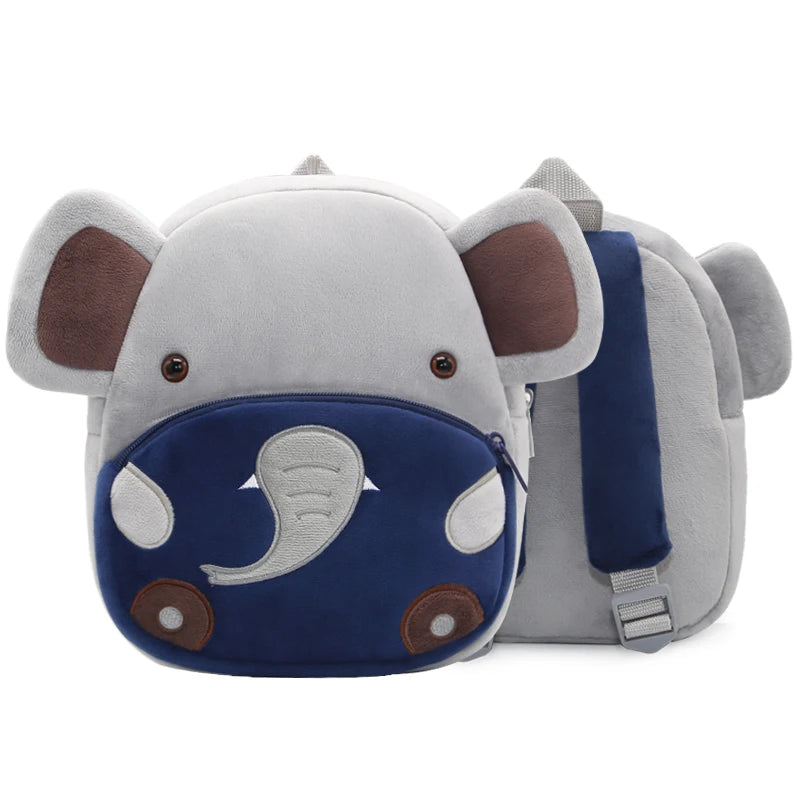 A gray cartoon elephant plush backpack with brown ears and blue accents.