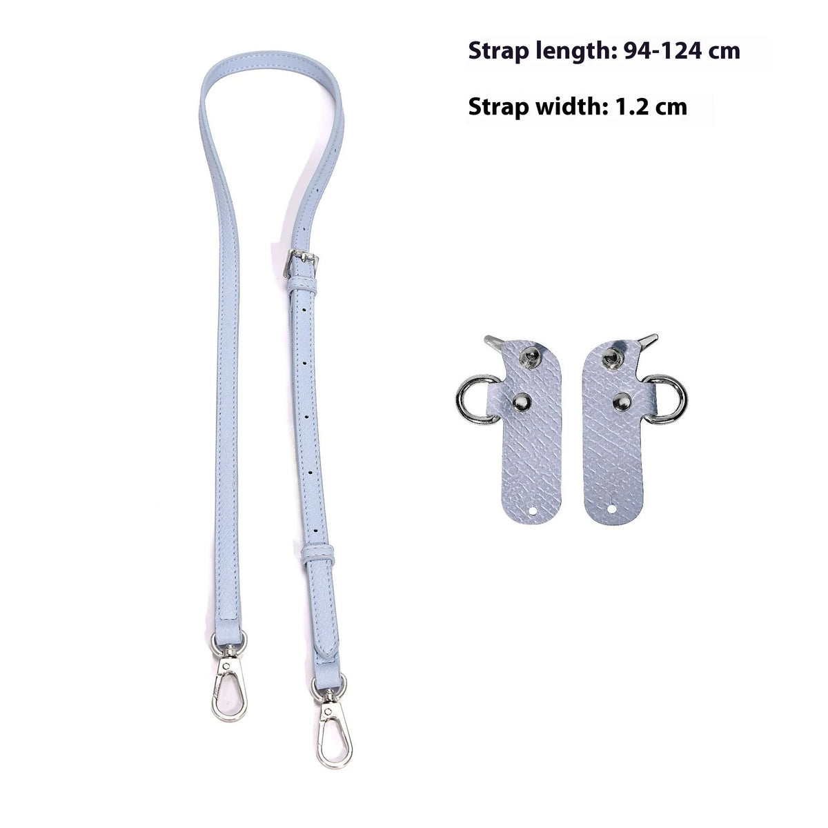 A set of light blue adjustable strap lengths and buckles for mini bags.