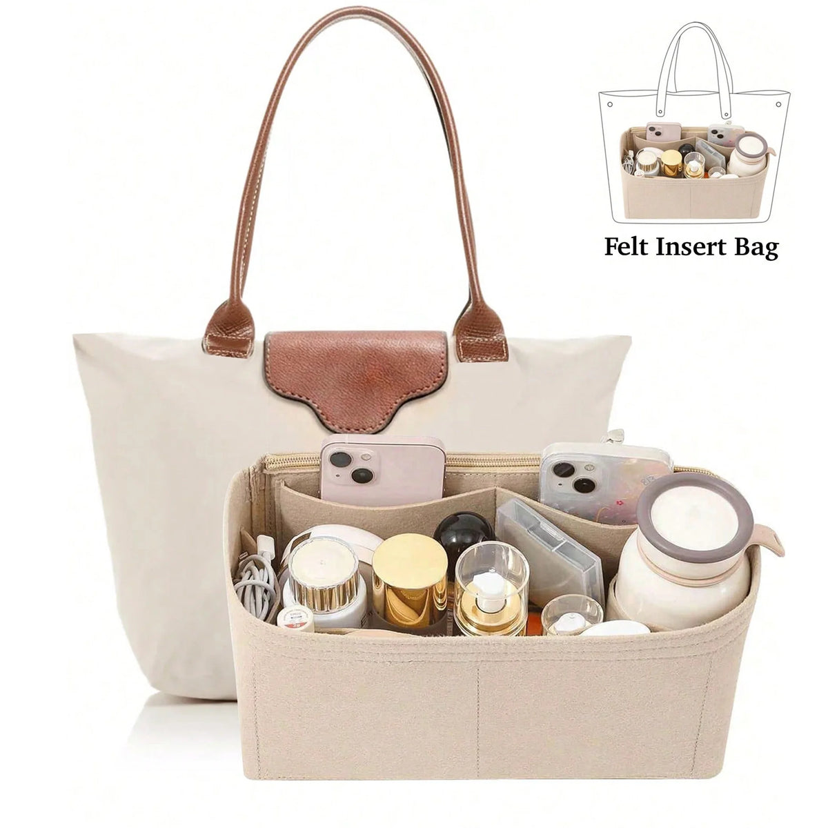 A beige reusable felt handbag organizer pouch with a brown leather strap and an insert bag containing various cosmetic items.