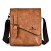 Brown PU leather messenger bag with black adjustable strap.
