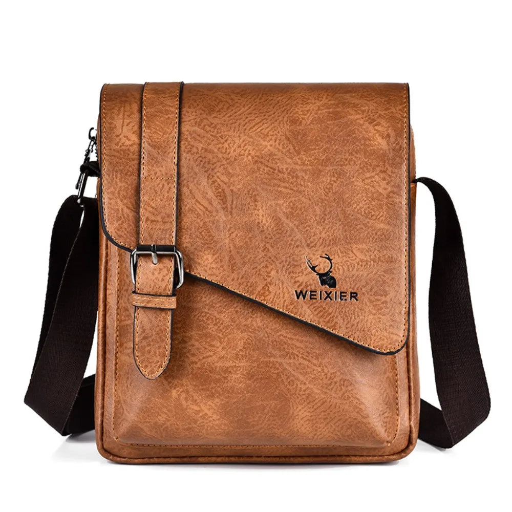 Brown PU leather messenger bag with black adjustable strap.