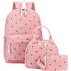 A pink corduroy strawberry backpack set featuring a main backpack and a matching pouch.