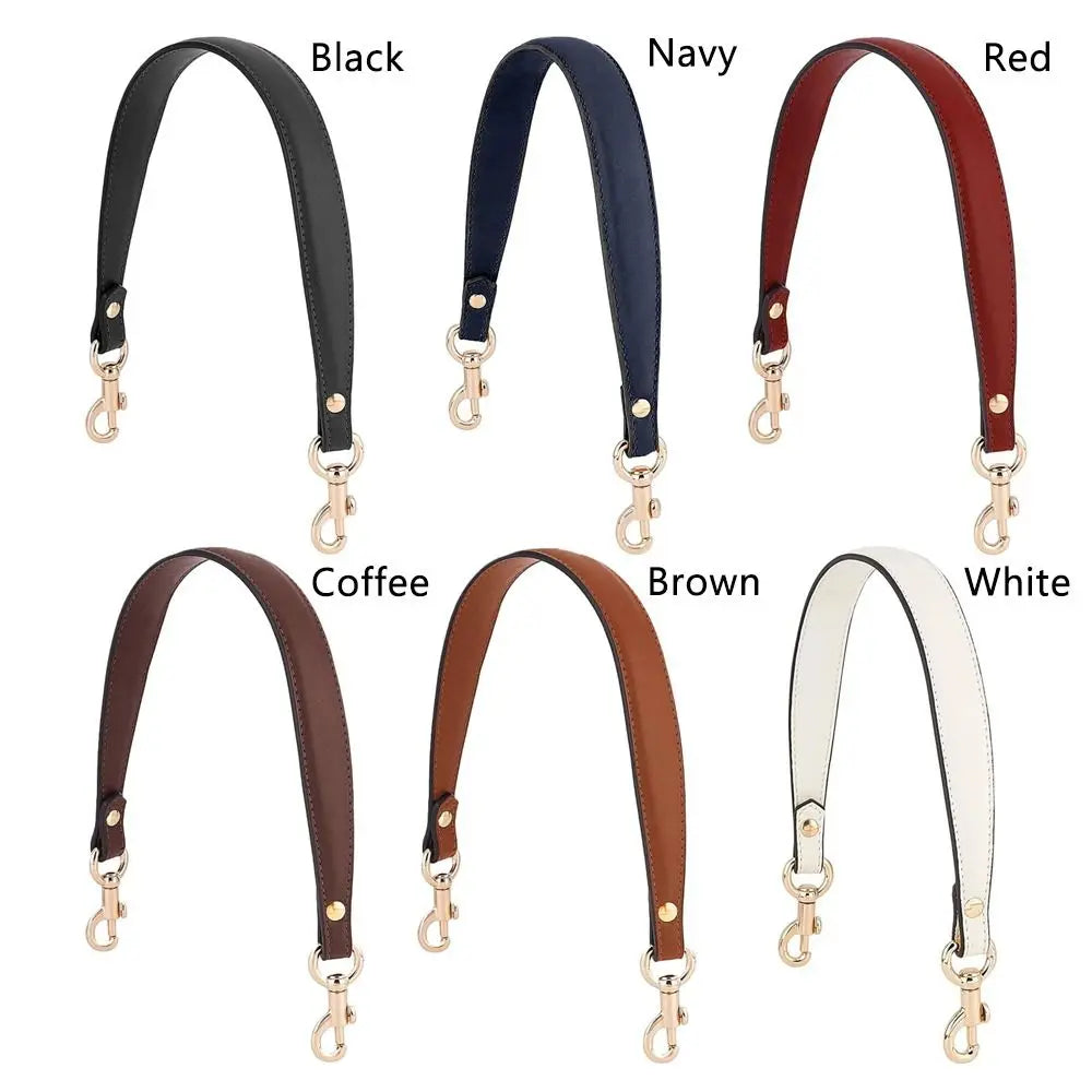 A collection of black, navy, red, coffee, brown, and white elegant PU leather detachable handbag straps.