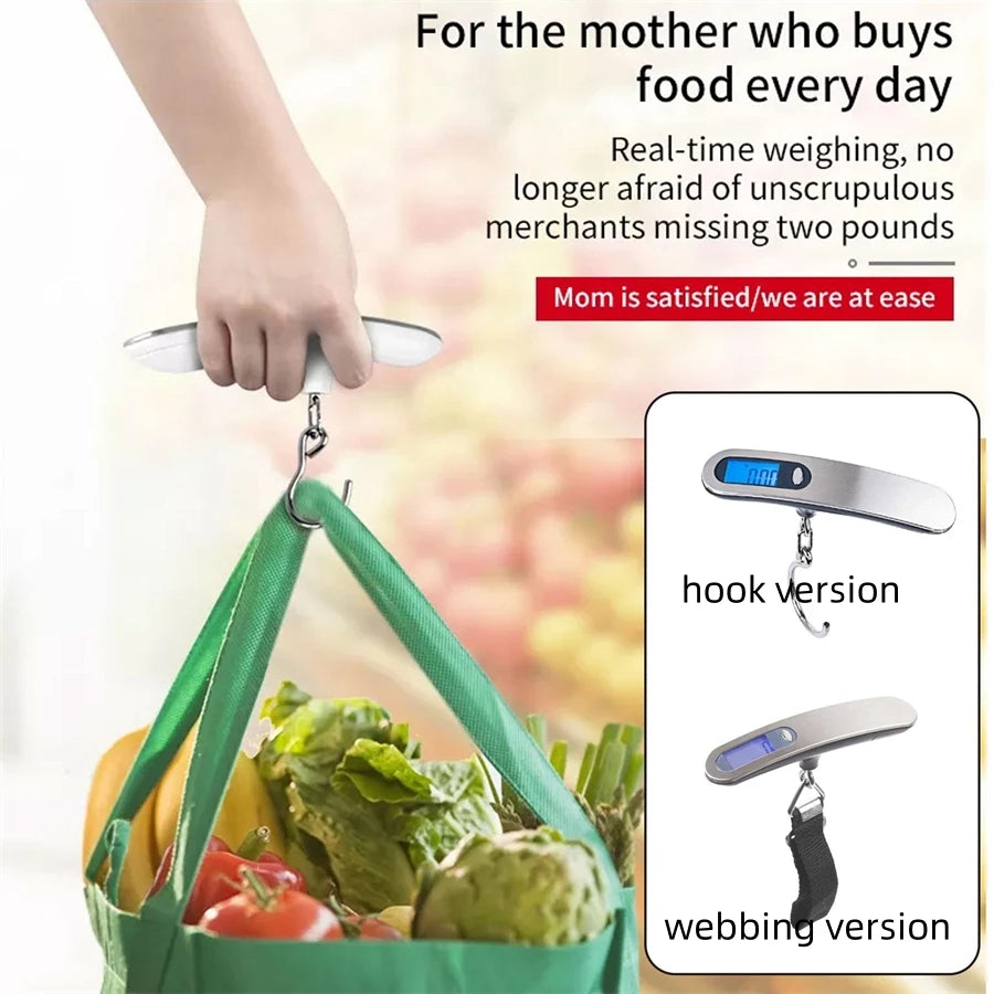 A hand is hanging a green fabric bag containing produce from a digital luggage scale, showing hook and webbing versions.