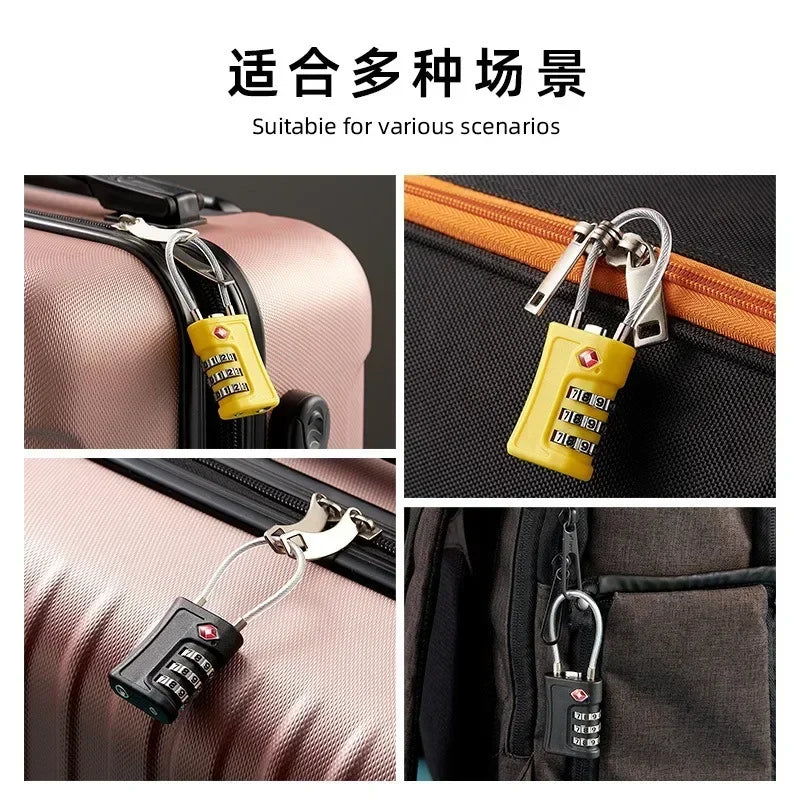 Yellow combination lock attached to a luggage zipper on a pink and black bag.