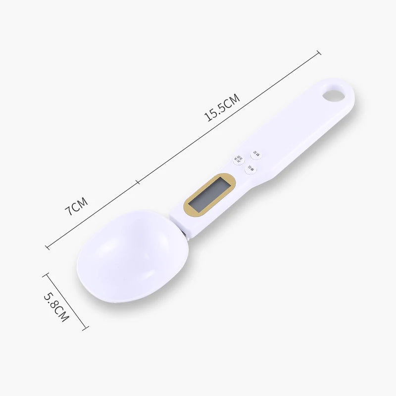 A white precision digital kitchen scale with a handle, showing its dimensions.