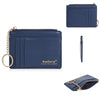 A navy blue leather card holder wallet with a zipper and gold chain, shown in multiple views.