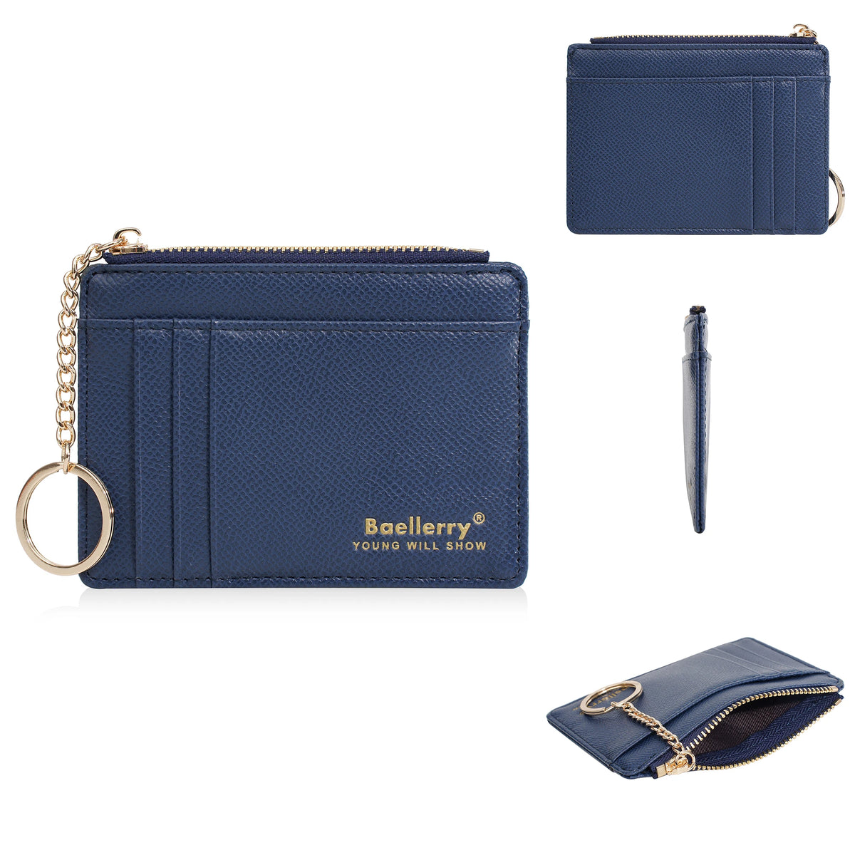 A navy blue leather card holder wallet with a zipper and gold chain, shown in multiple views.