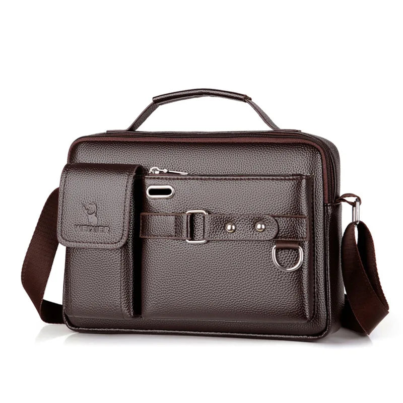 A dark brown men's PU leather crossbody shoulder bag with a flap and strap.