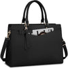 Black premium PU leather laptop tote bag with a bow closure and gold hardware