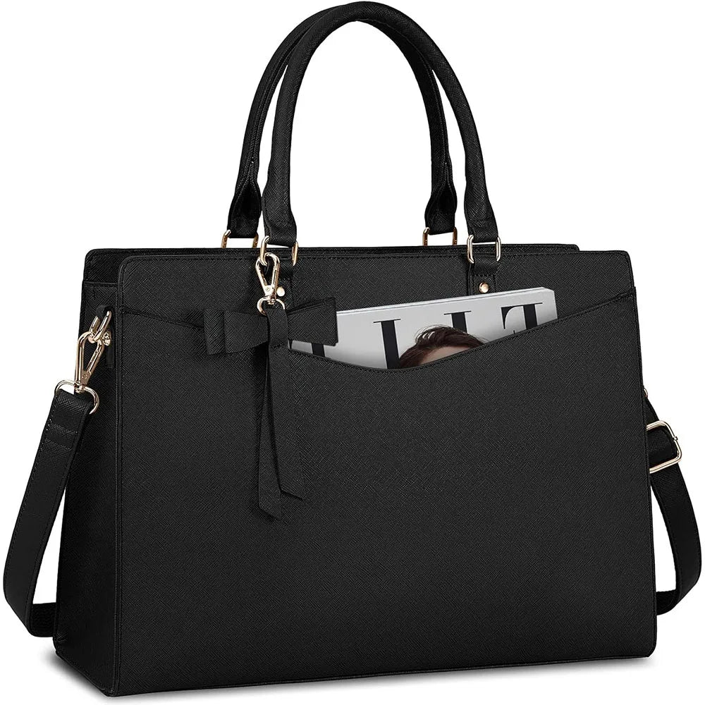 Black premium PU leather laptop tote bag with a bow closure and gold hardware
