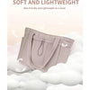 A light pink quilted tote bag is shown against a white cloud background.