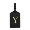 Black PU leather luggage tag with a gold letter Y and a metal ring for attachment
