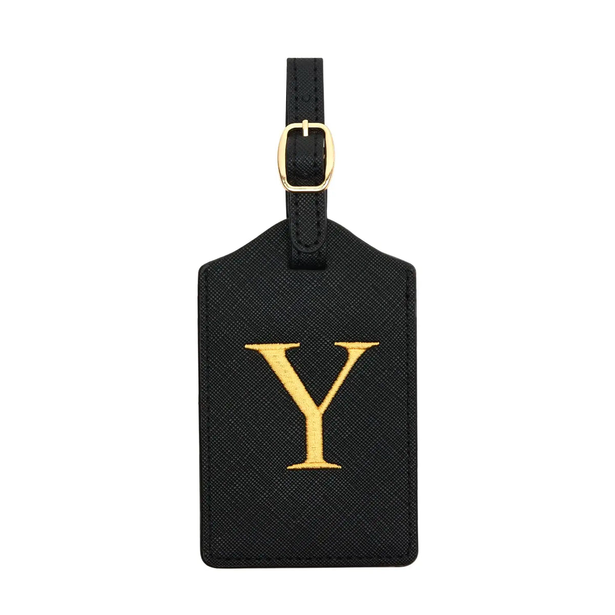 Black PU leather luggage tag with a gold letter Y and a metal ring for attachment