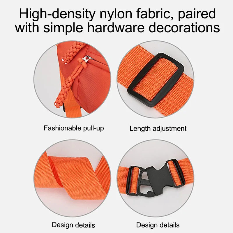 Orange nylon fabric waist pack with simple hardware decorations shown in various views.