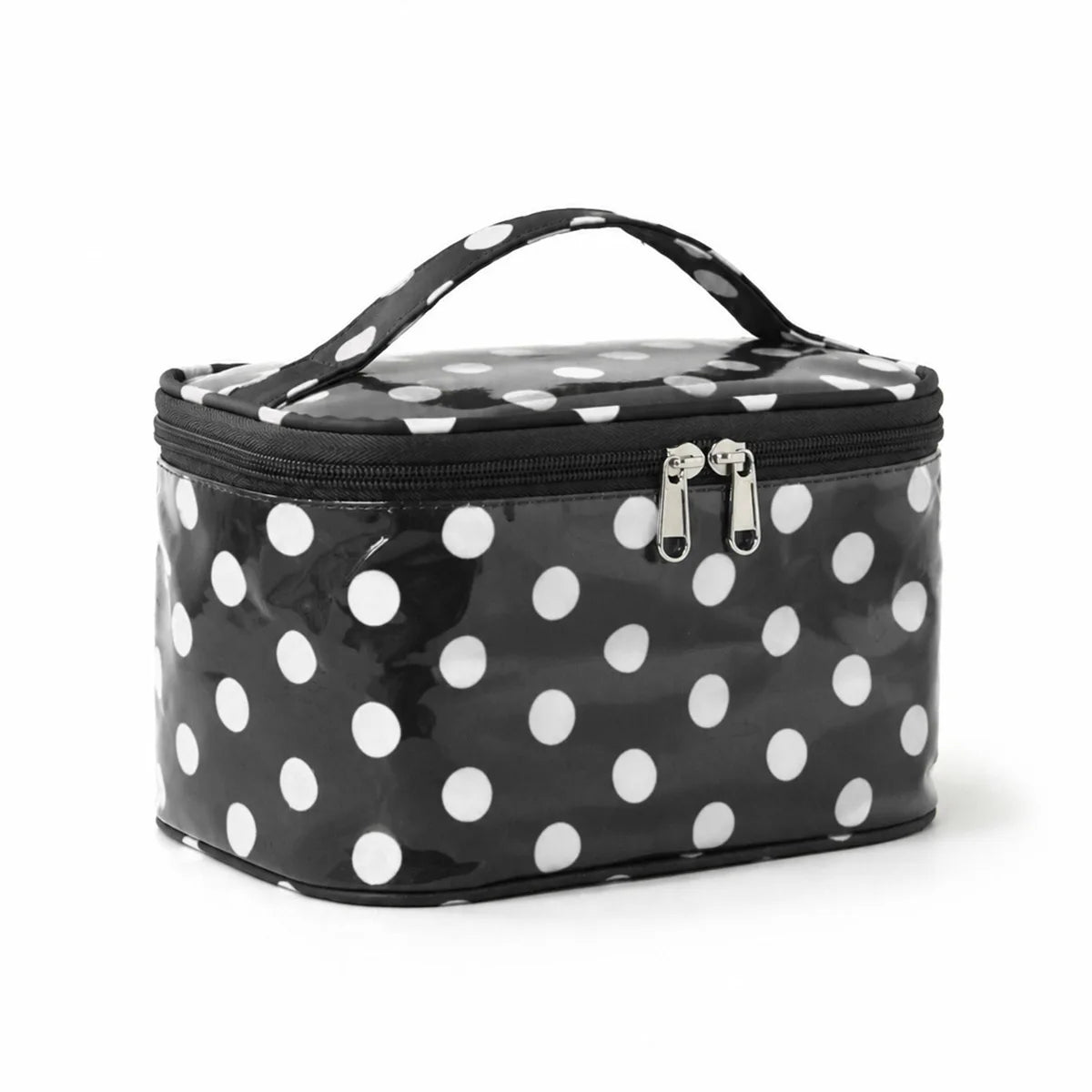 Bolsa de almacenamiento cosmético negra con lunares blancos y cremallera negra.