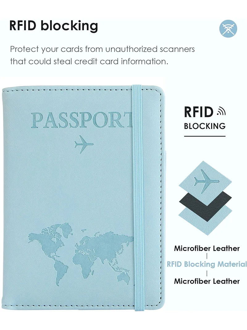Light blue microfiber leather passport holder with RFID blocking protection features