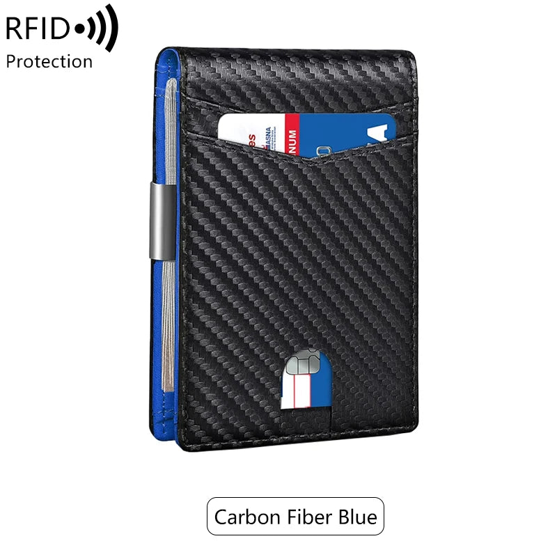 Black carbon fiber wallet with blue accents and an RFID protection feature